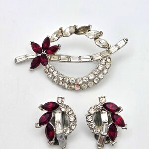 Vintage 1950's Silver and Red Floral Jewelry Set Brooch Clip On Earrings